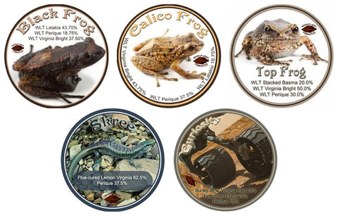 A graphic with five circular labels for pipe tobacco blends, each featuring a frog or lizard image and blend percentages.
