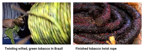 A two-panel image shows green tobacco being twisted in Brazil and a finished dark tobacco rope.