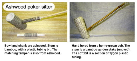 A two-panel image: an "Ashwood poker sitter" pipe with a tamper, and a corn cob pipe with a bamboo stem.