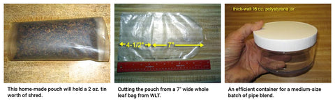 A three-panel image: a clear tobacco pouch, a clear bag being cut with dimensions, and a hand holding a clear plastic jar.