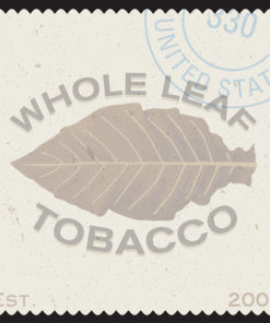 Stylized leaf design on a stamp with text 'Whole Leaf Tobacco' and 'United States'.