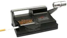 A black and silver cigarette injector with a handle on the right and a white cigarette tube extending from the left, with tobacco in the hopper.